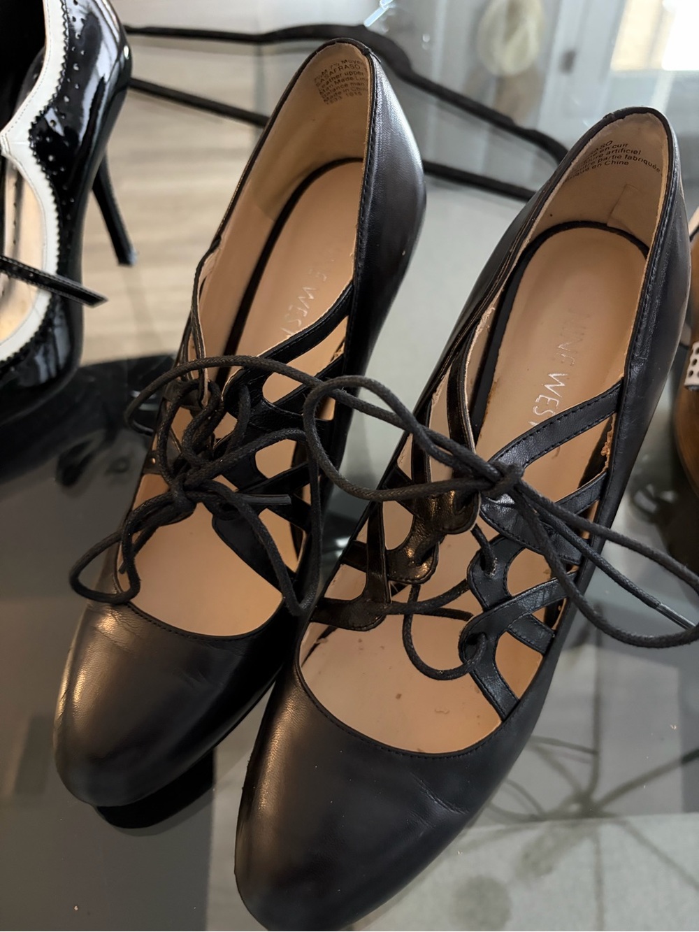 Nine West Black Lace-Up Leather Heels